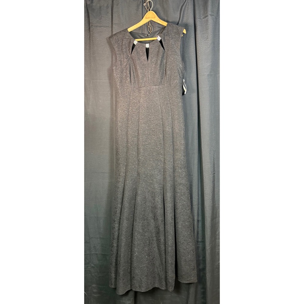 R&M Richards Womens Black Textured Metallic Shimmer Gown Rhinestone Accent Sz 12